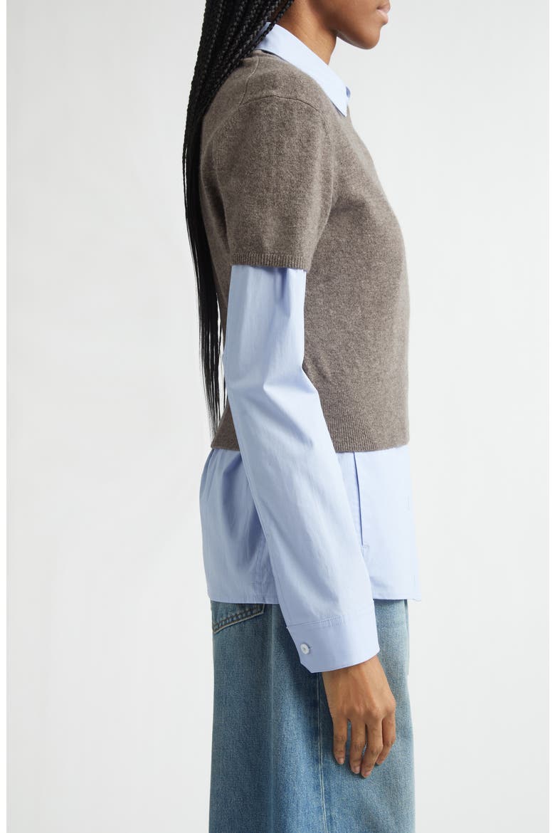 Stretch Cotton Shirt & Short Sleeve Wool Blend Sweater, Alternate, color, BROWN/ BLUE