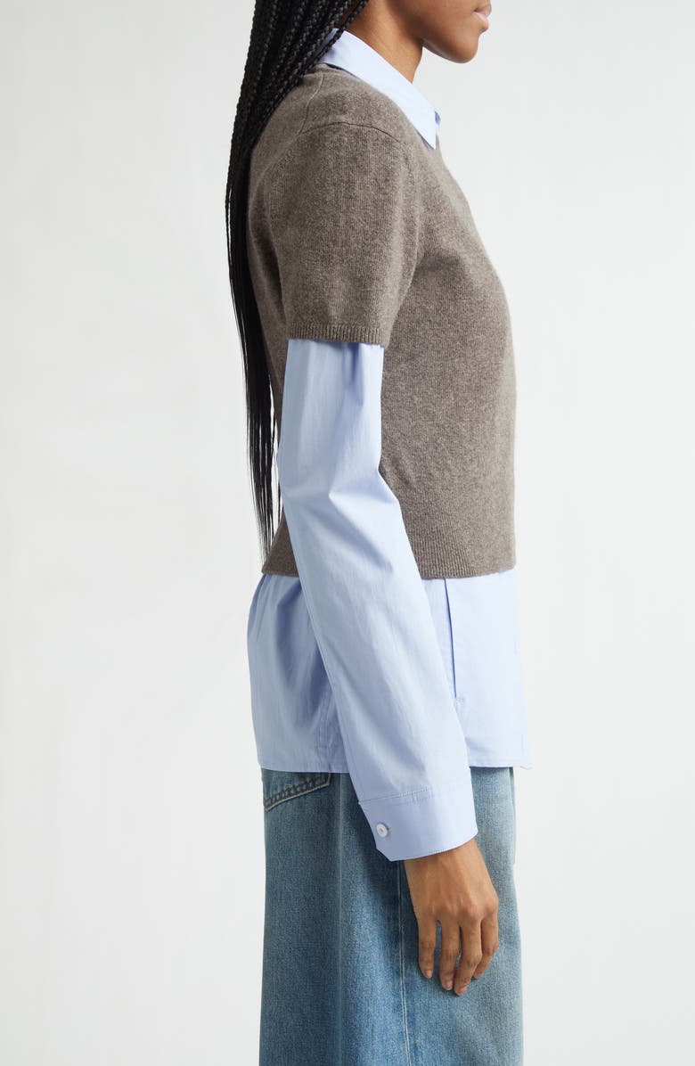 Alexander Wang Stretch Cotton Shirt & Short Sleeve Wool Blend Sweater, Alternate, color, Brown/ Blue