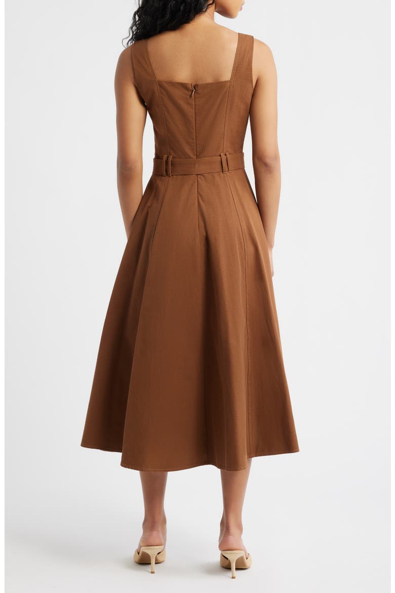 Belted Fit & Flare Cotton Midi Dress, Alternate, color, BROWN