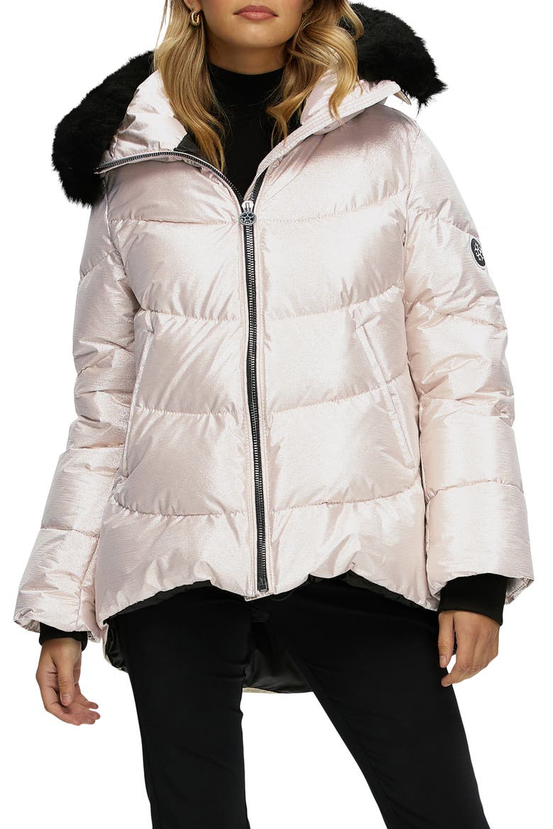 Apres-Ski High-Low Jacket with Detachable Genuine Shearling Hood Trim, Main, color, GOLD/BLACK
