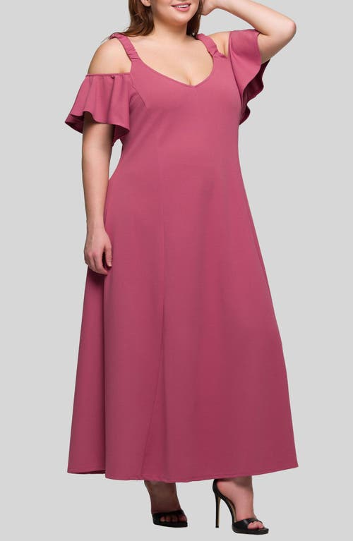 24seven Comfort Apparel Plus Size Cold Shoulder Ruffle Sleeve A-line Maxi Dress In Pink