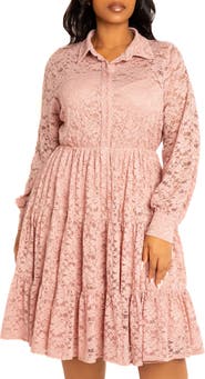 BUXOM COUTURE Lace Long Sleeve Shirtdress