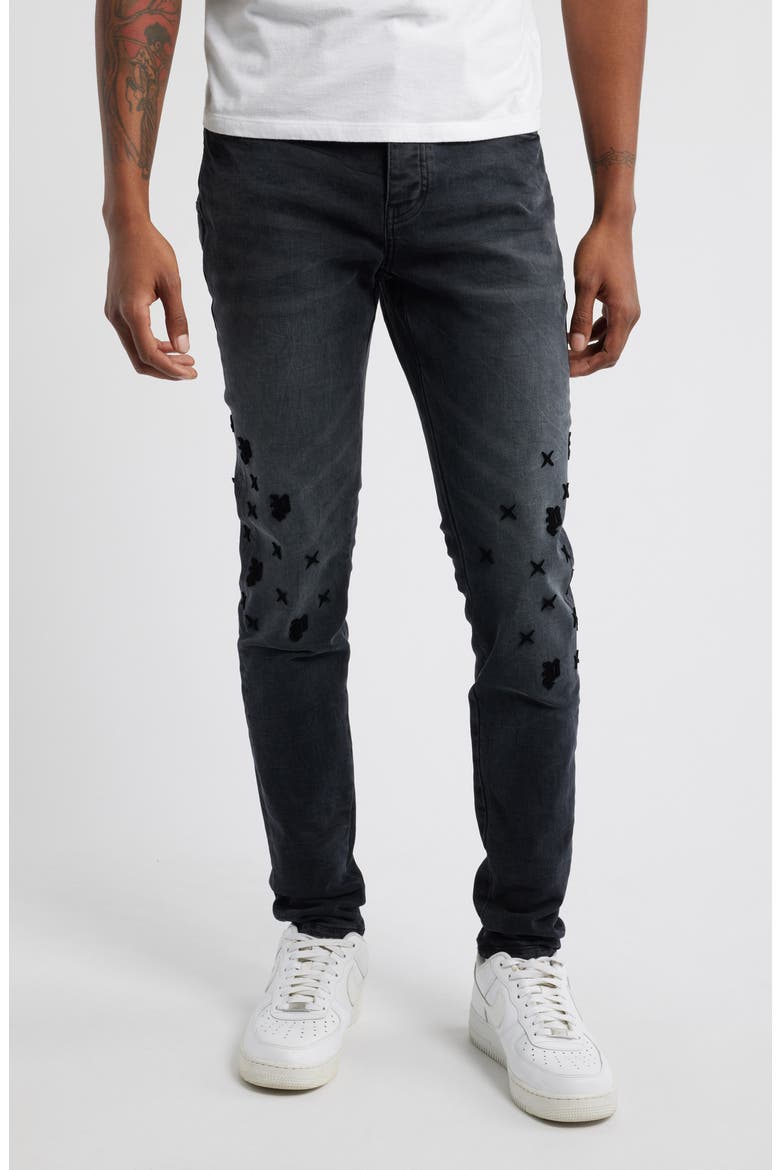 Tuffetage Monogram 3D Distressed Skinny Jeans, Main, color, BLACK