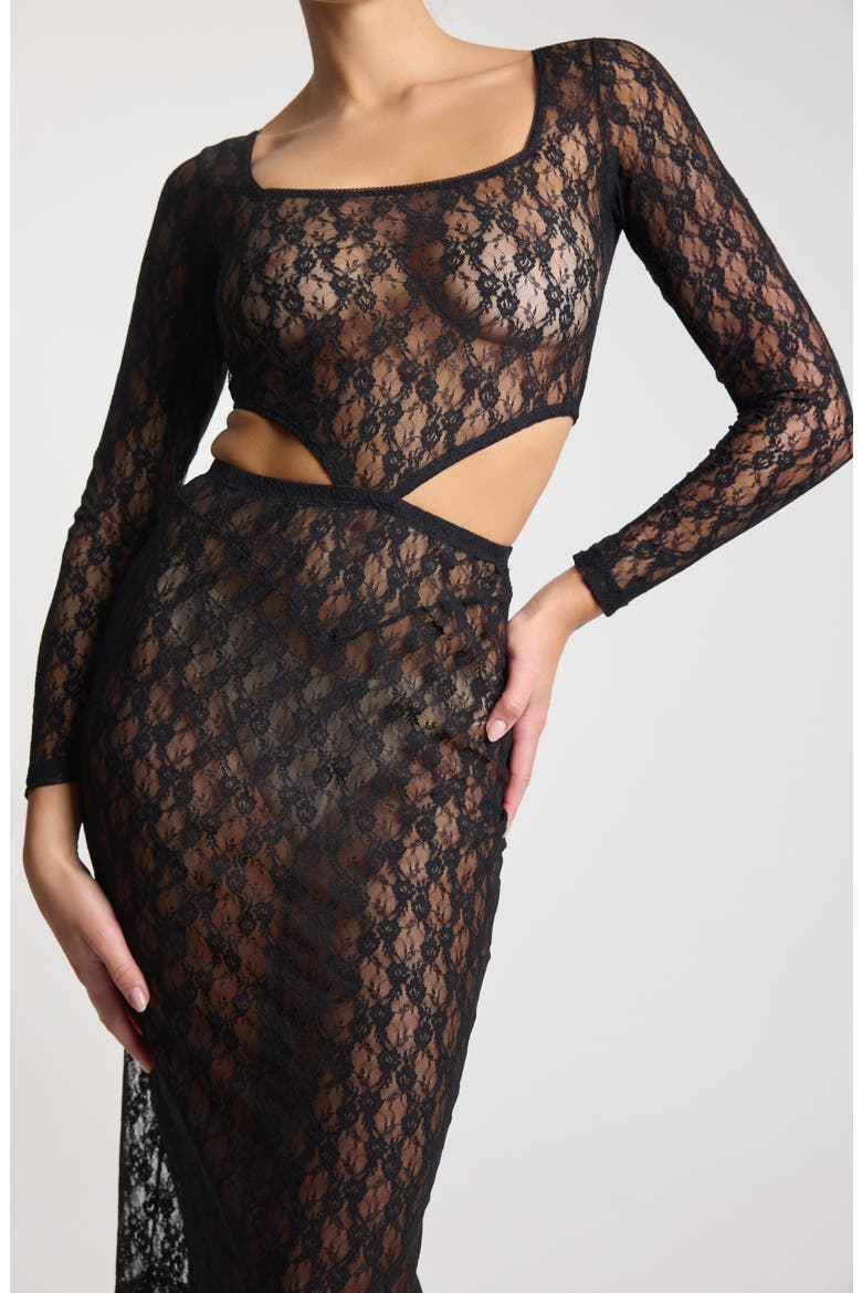 Erica Long Sleeve Sheer Lace Cutout Midi Dress, Alternate, color, BLACK