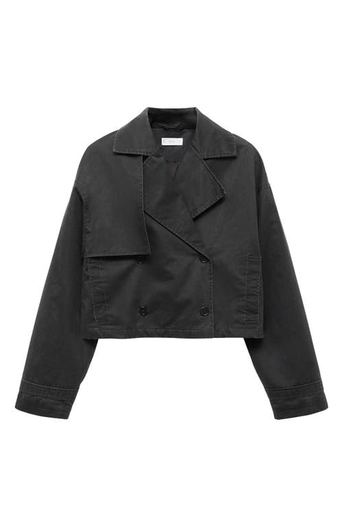 Mango Teen Short Wax Cotton Blend Trench Coat In Black