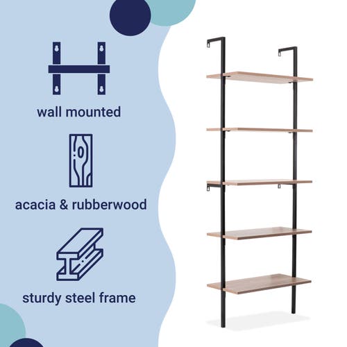 Happimess Madera Classic Industrial Shelf Wood Wall-mounted Open Ladder Bookcase With Metal Frame In Brown/black