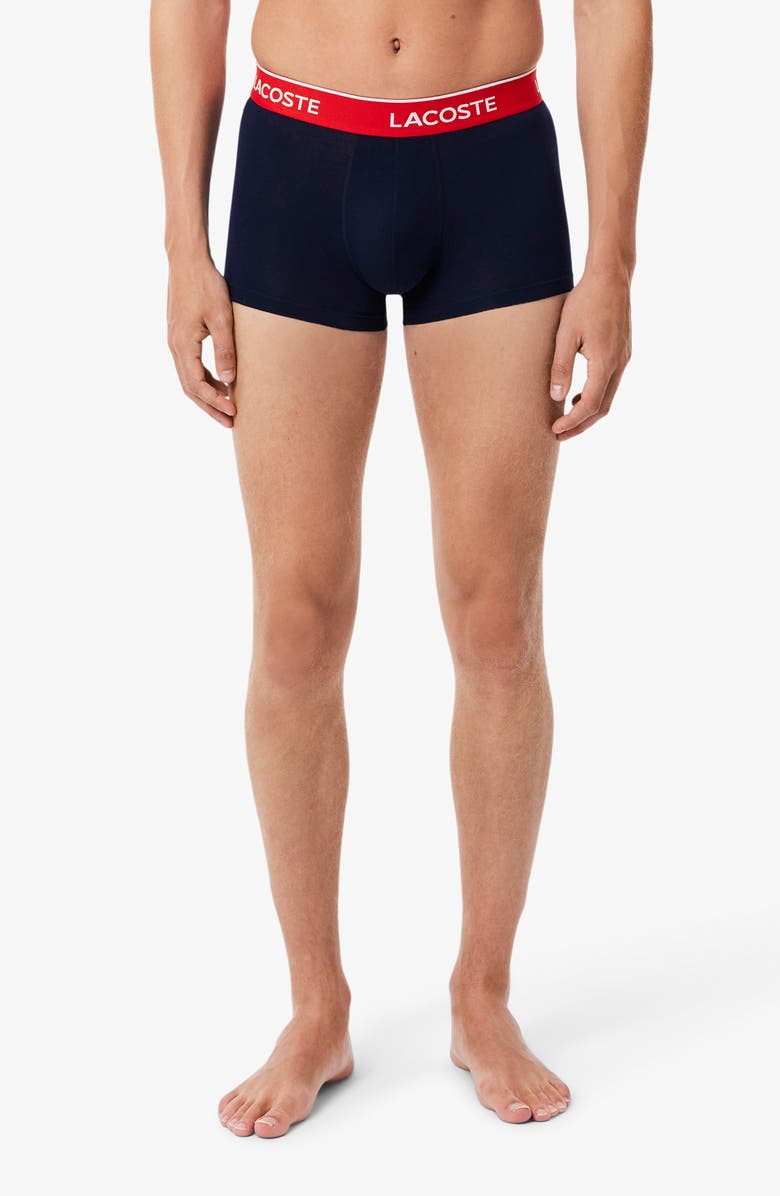 Lacoste Core Essentials Assorted 3-Pack Stretch Cotton Boxer Briefs, Alternate, color, Navy Blue/ Green-Red-Navy