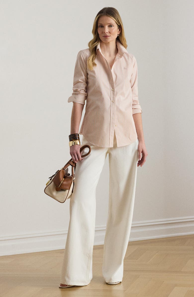 Lauren Ralph Lauren Stripe Stretch Cotton Button-Up Shirt, Alternate, color, Sunrise Blush Pink/ White