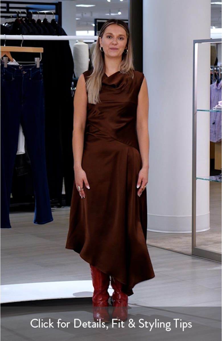 Cowl Neck Asymmetric Satin Midi Dress, sales video thumbnail