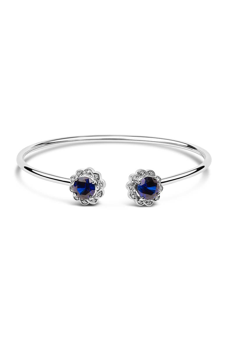 Sterling Silver Diamond Accent Created Blue Sapphire Floral Design Bangle Bracelet, Main, color, Silver