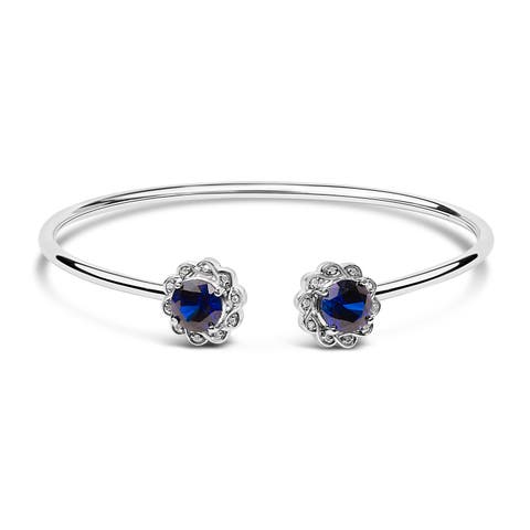 Sterling Silver Diamond Accent Created Blue Sapphire Floral Design Bangle Bracelet