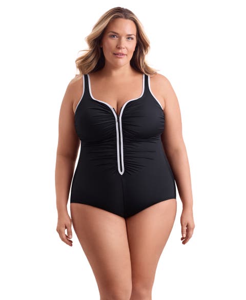 Shirred Zipper Tank Chlorine Resistant One-Piece Swimsuit
