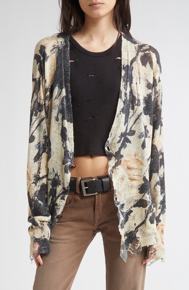 R13 Ripped Floral Linen Cardigan, Main, color, Black And Cream Floral