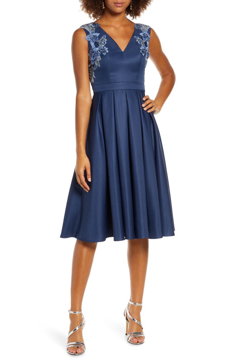 Chi Chi London Kyla Appliqué Detail Fit & Flare Party Dress, Main, color, 