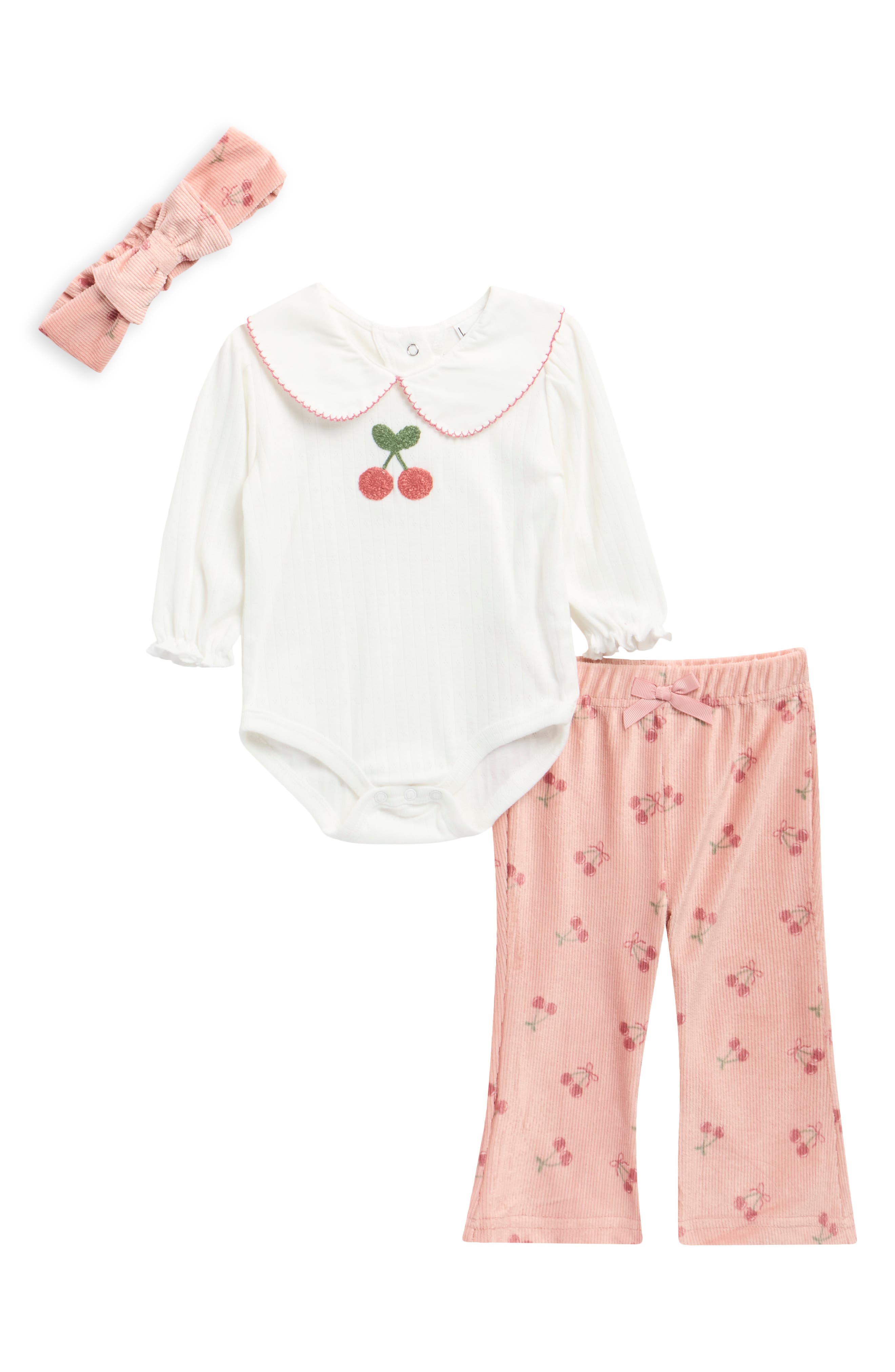 Cherry 3-Piece Long Sleeve Bodysuit, Pants & Headband Set