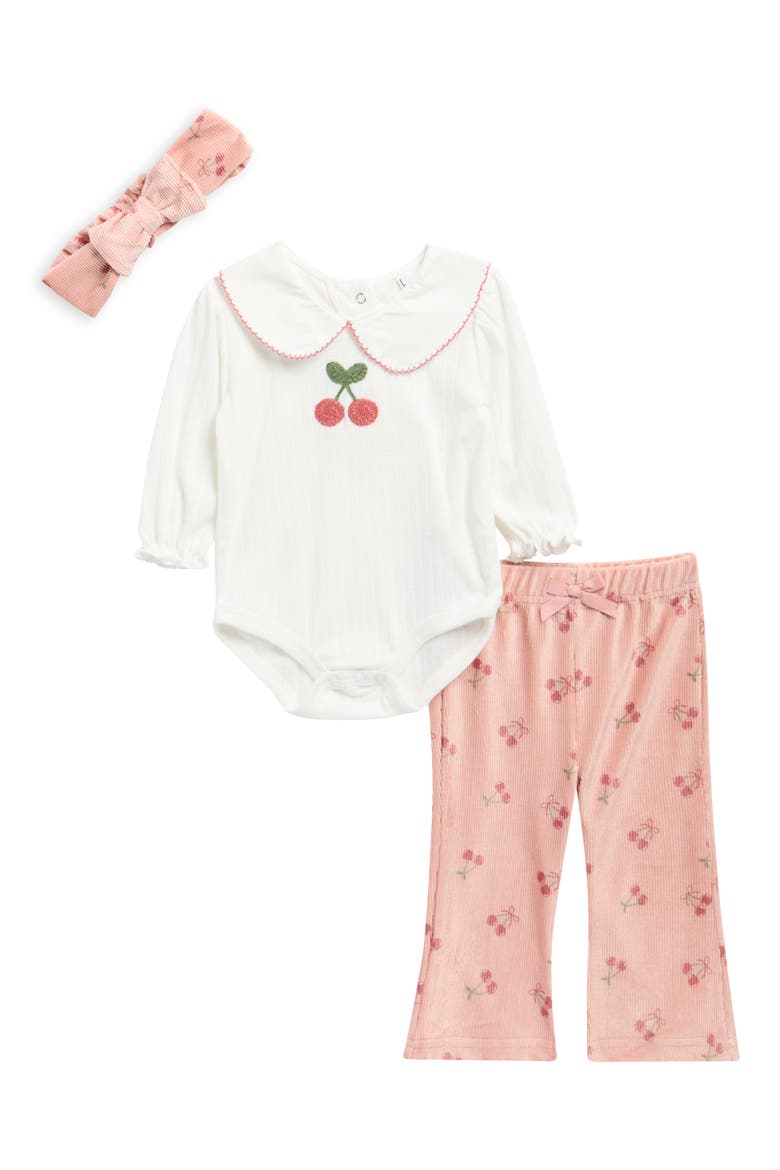Cherry 3-Piece Long Sleeve Bodysuit, Pants & Headband Set, Main, color, MISTY ROSE