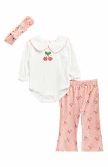 Cherry 3-Piece Long Sleeve Bodysuit, Pants & Headband Set