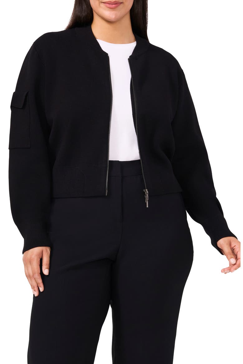 Cargo Zip Front Milano Stitch Bomber Cardigan, Main, color, RICH BLACK