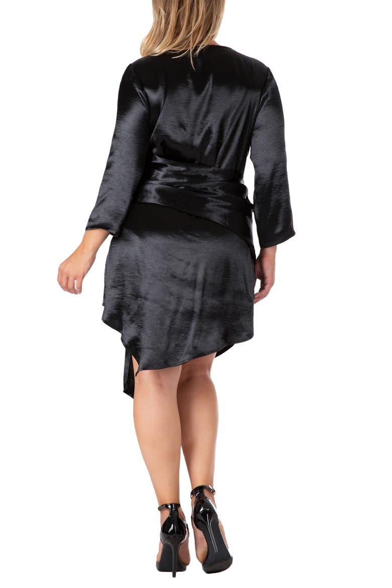 Long Sleeve Asymmetric Satin Dress, Alternate, color, BLACK