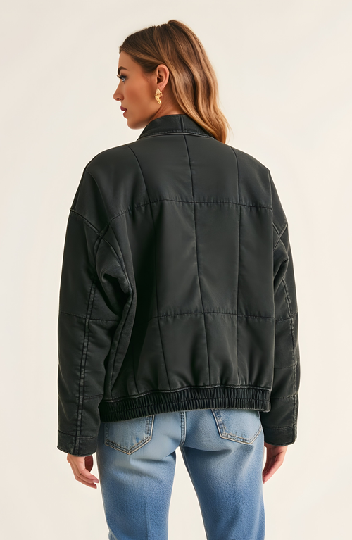 Modenaire Quilted Zip-up Jacket With Stand Collar And Square Stitch In Black