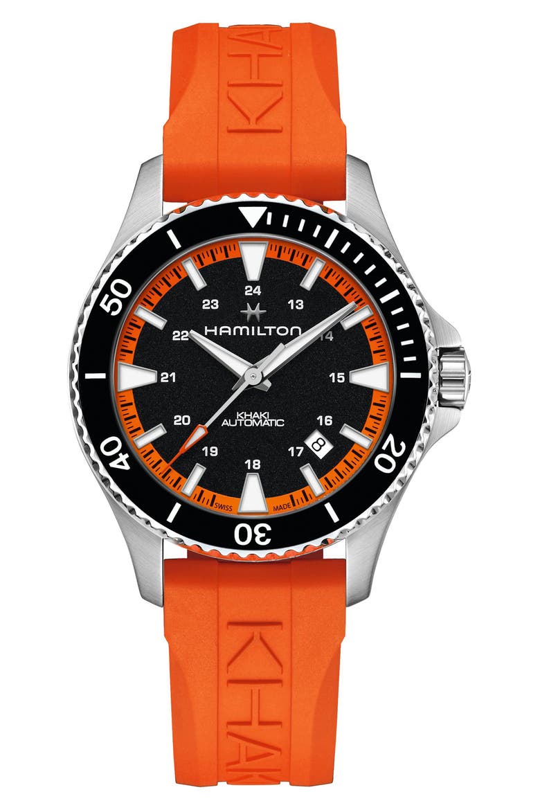 Khaki Scuba Automatic Rubber Strap Watch, 40mm, Main, color, BLACK/ ORANGE