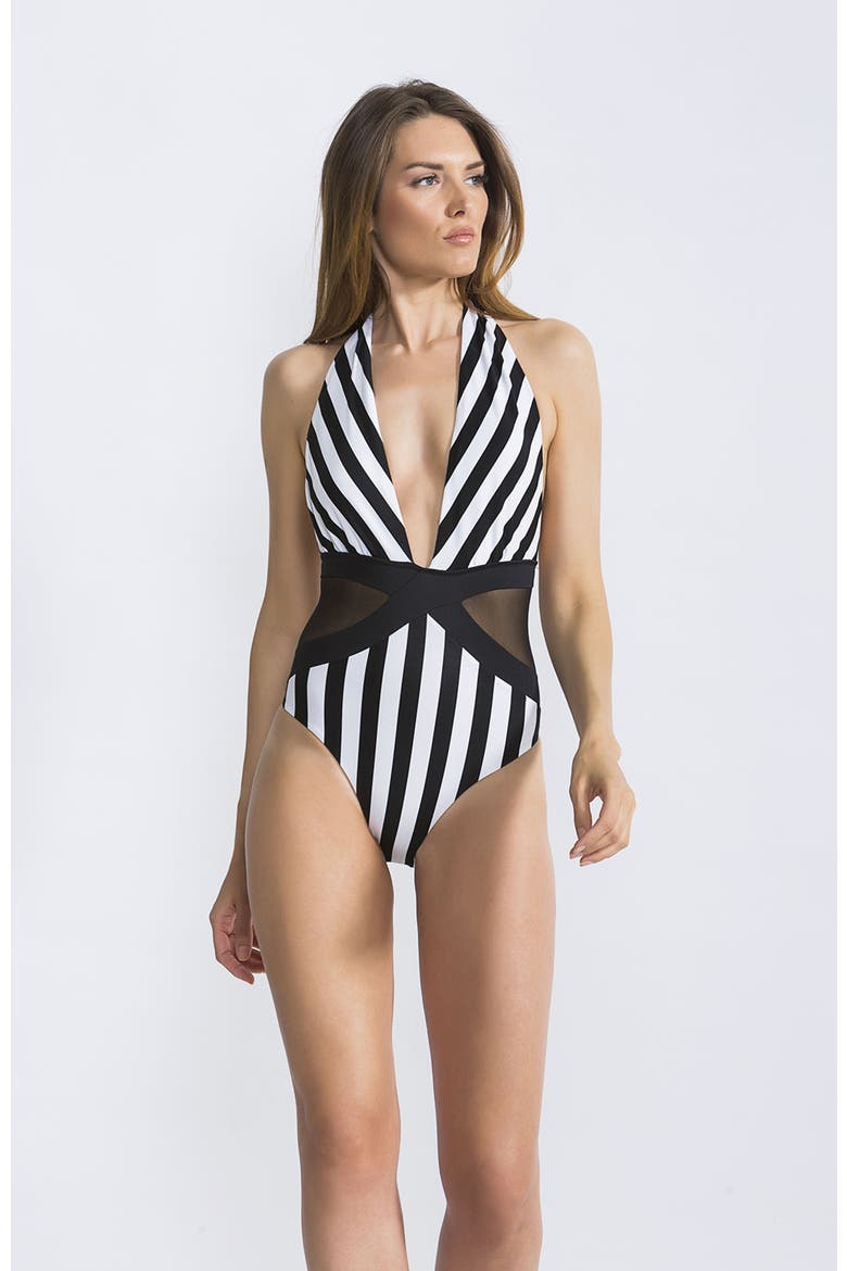 Plunging Halter Striped Sheer Mesh Waist Panel One-Piece Swimsuit, Main, color, Black-White