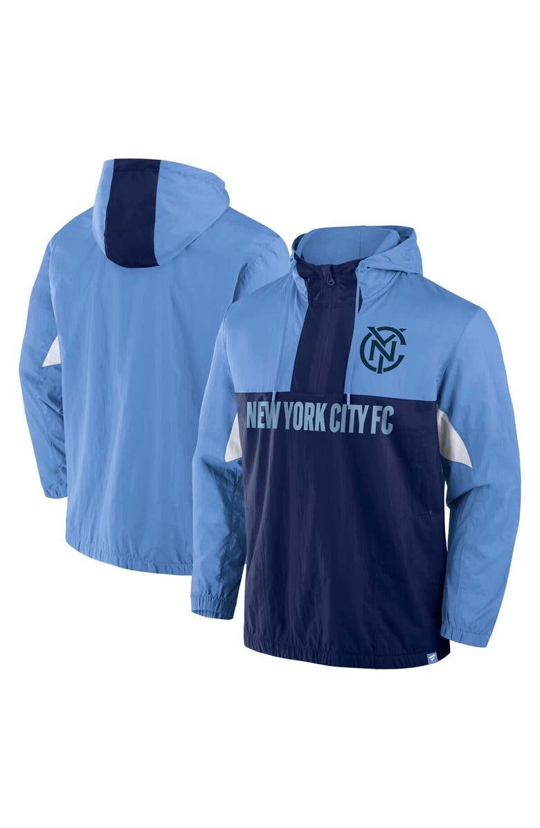 FANATICS Men's Fanatics Sky Blue New York City FC Free Kick Woven Quarter-Zip Hoodie Jacket, Alternate, color, Blue