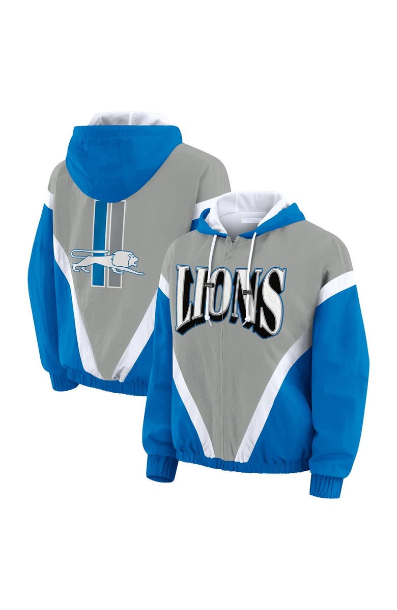 WEAR by Erin Andrews Women's WEAR by Erin Andrews Blue/Gray Detroit Lions Plus Size Retro Crinkle Full-Zip Hoodie Windbreaker Jacket, Main, color, Blue