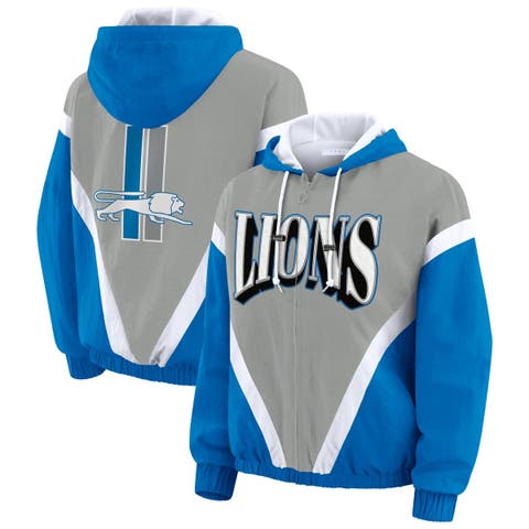 Women's WEAR by Erin Andrews Blue/Gray Detroit Lions Plus Size Retro Crinkle Full-Zip Hoodie Windbreaker Jacket