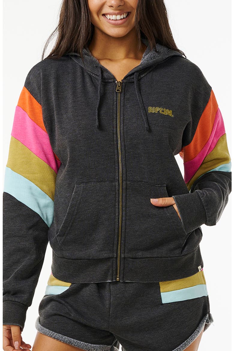 Surf Revival Colorblock Zip-Up Fleece Hoodie, Main, color, WASHED BLACK