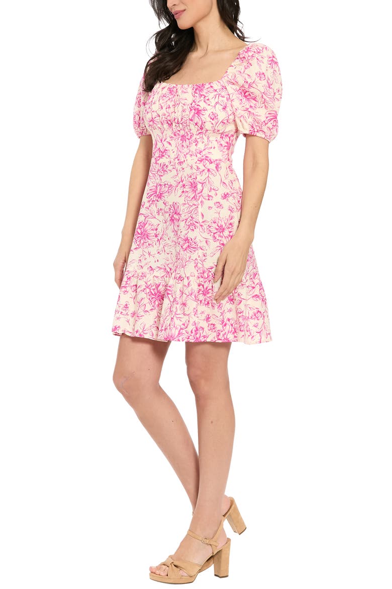 Puff Sleeve Empire Waist Dress, Alternate, color, IVORY/ BRIGHT FUCHSIA