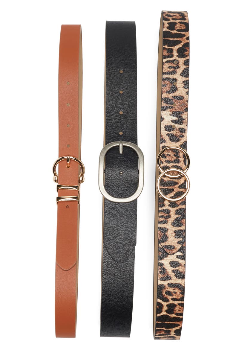 Set of 3 Faux Leather Belts, Main, color, BLACK/LEOPARD