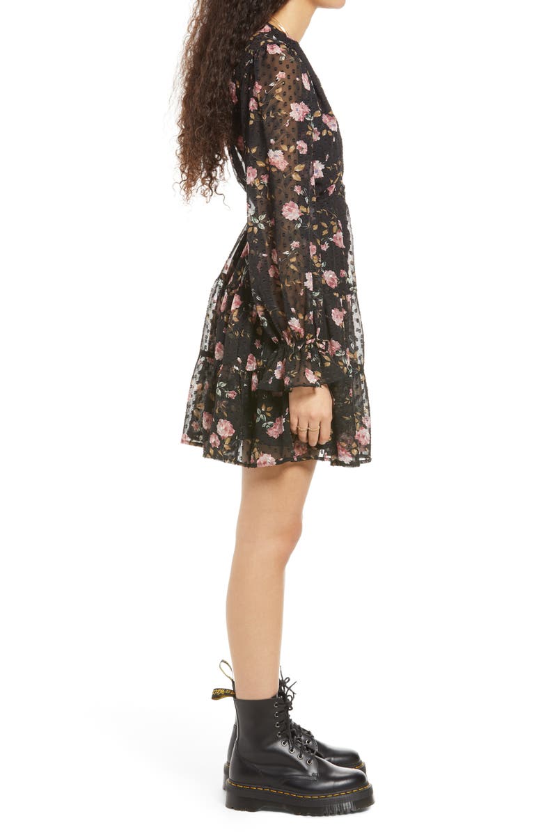 Lulus Fluer-Ty Long Sleeve Dress, Alternate, color, Black Floral
