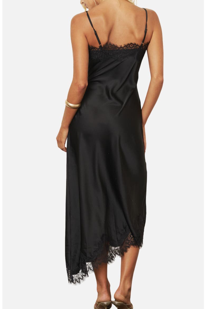 Lace Trim Satin Midi Dress, Alternate, color, BLACK