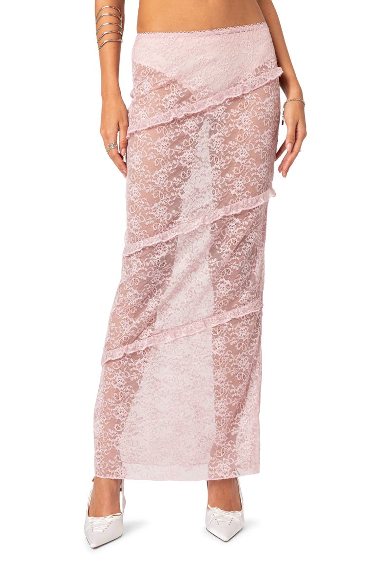 EDIKTED Myra Sheer Lace Ruffle Maxi Skirt, Main, color, 
