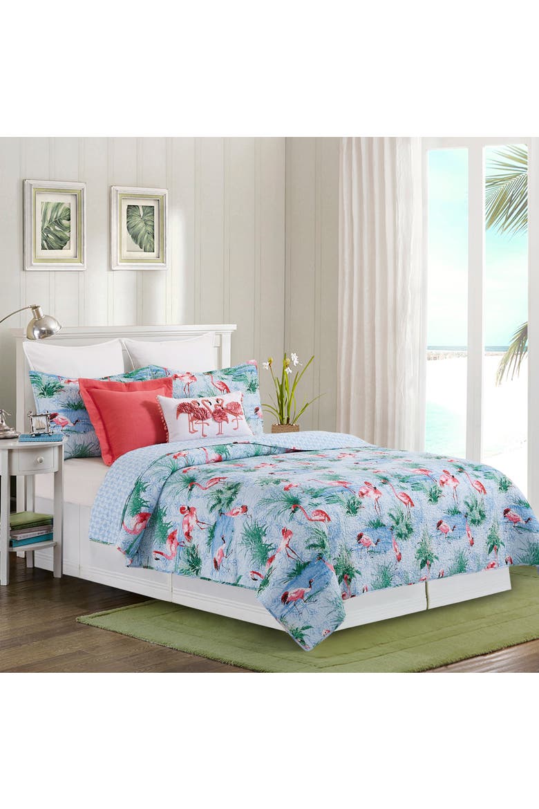 Paradise Coast Flamingo Cotton Quilt Set  - Reversible and Machine Washable, Main, color, Blue