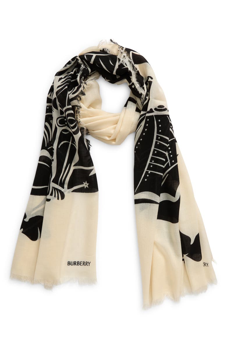 Burberry Equestrian Knight Wool Fringe Scarf, Alternate, color, Calico