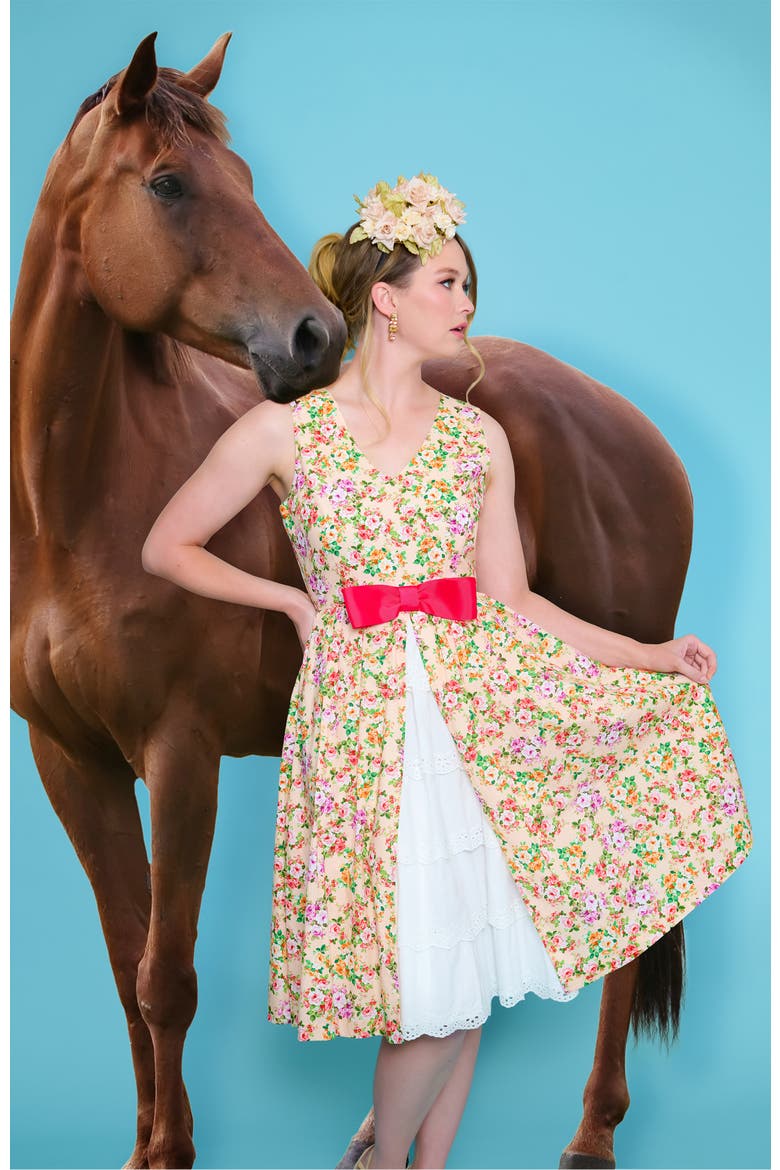 1960s Garden Party Swing Dress, Alternate, color, Beige w/ Pink Bow Floral Print
