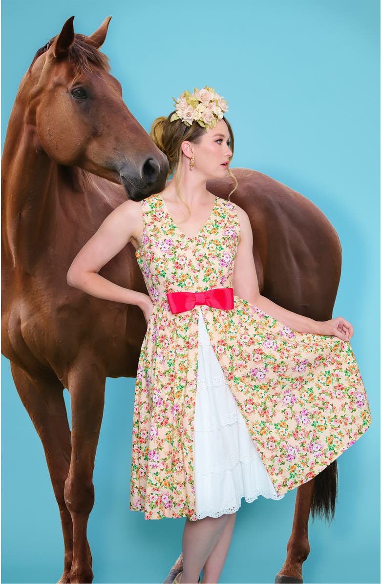 Unique Vintage 1960s Garden Party Swing Dress, Alternate, color, Beige W/ Pink Bow Floral Print