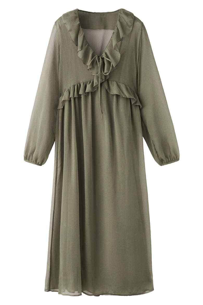 Ruffle Trim Long Sleeve Maxi Dress, Alternate, color, KHAKI GREEN