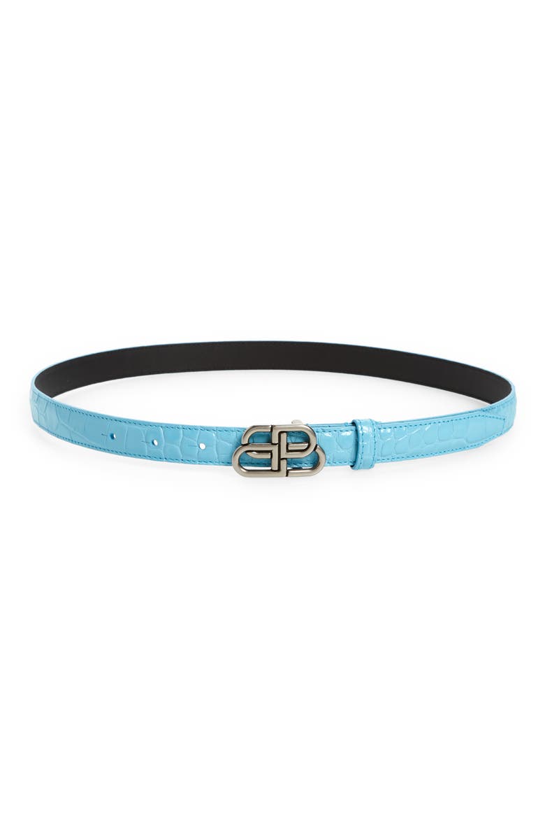 BB Croc Embossed Calfskin Leather Skinny Belt, Main, color, AZUR