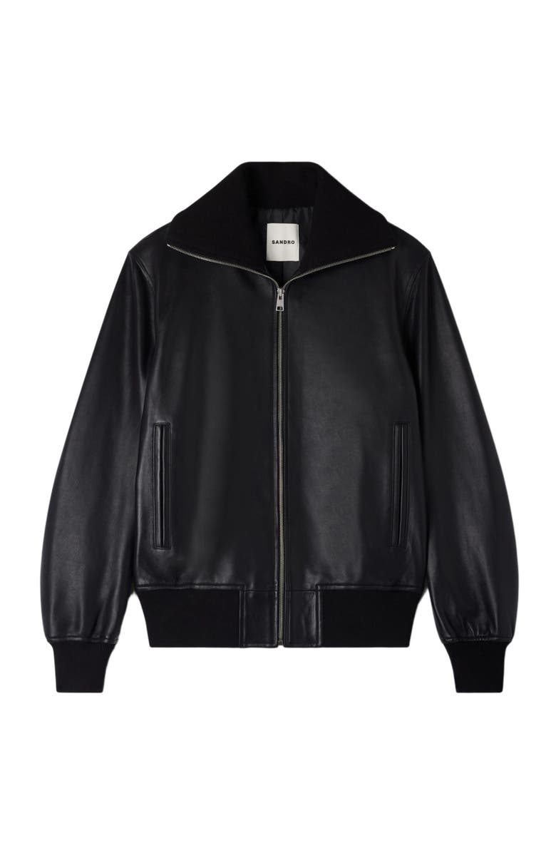 SANDRO Zipped leather jacket, Alternate, color, Black