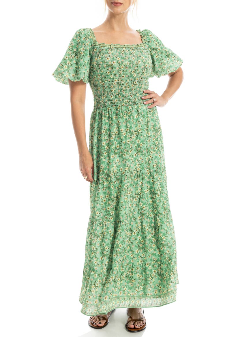 Print Smocked Puff Sleeve Maxi Dress, Main, color, GREEN TOSSED MEADOW