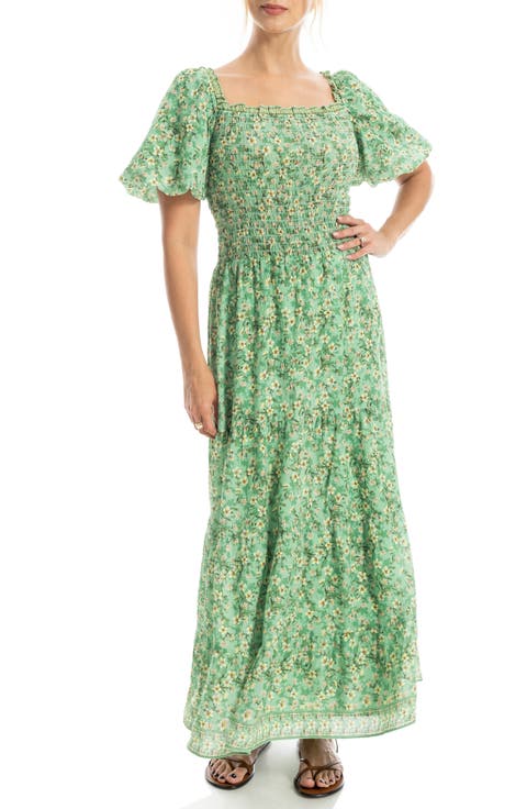 Print Smocked Puff Sleeve Maxi Dress