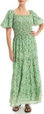 MAX STUDIO Print Smocked Puff Sleeve Maxi Dress