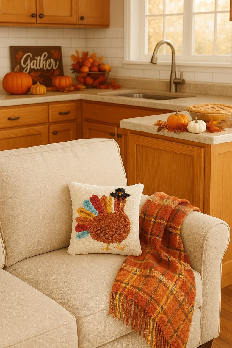 Colorful Turkey Tail Pilgrim Hat Hooked Mini Thanksgiving Accent Pillow 10" x 10", Alternate, color, Brown
