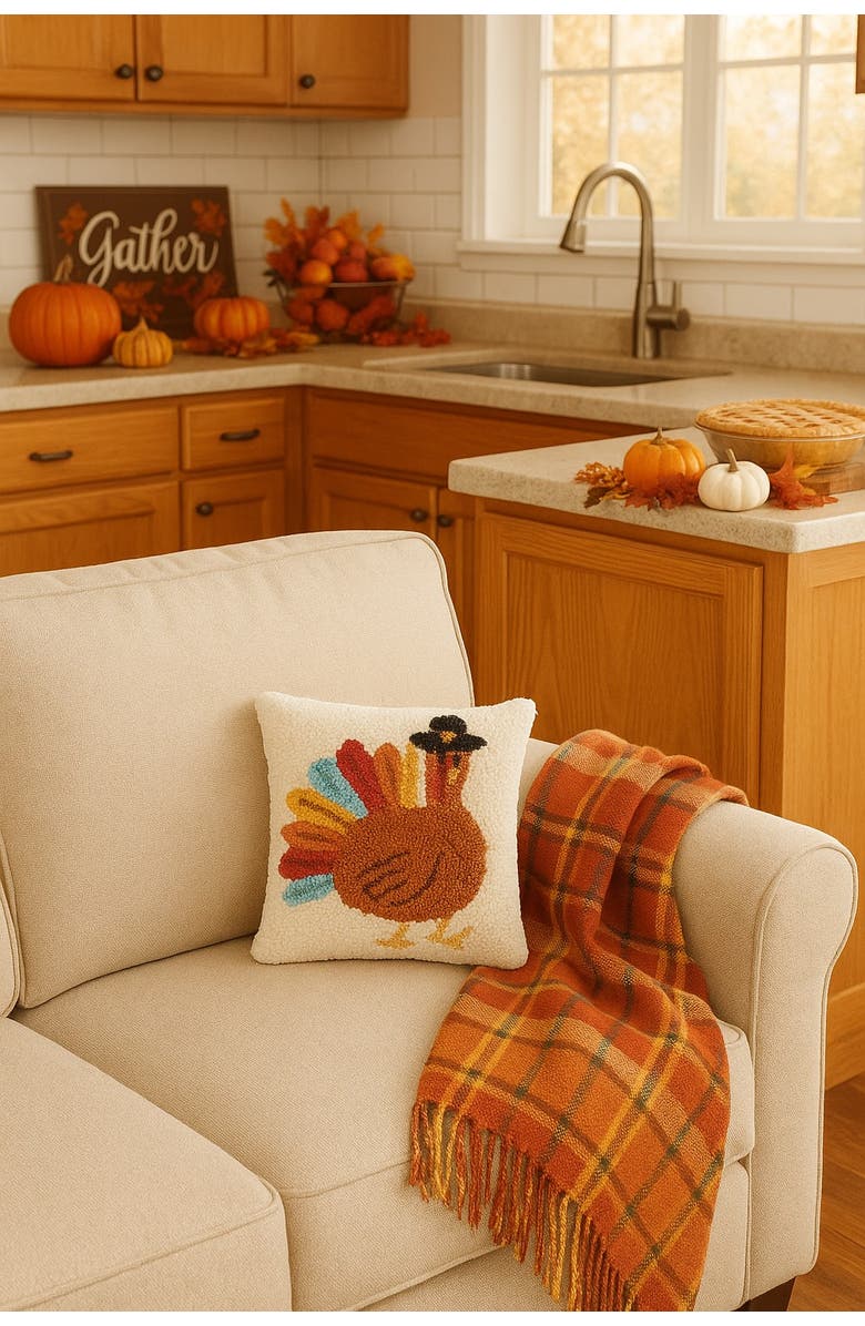 C&F Home Colorful Turkey Tail Pilgrim Hat Hooked Mini Thanksgiving Accent Pillow 10" x 10", Alternate, color, 