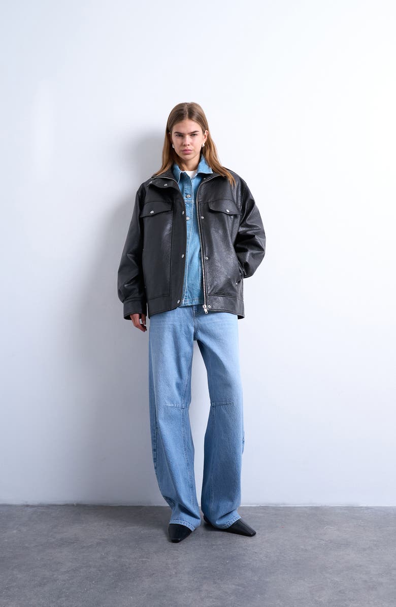 Topshop Oversize Faux Leather Jacket, Alternate, color, Black