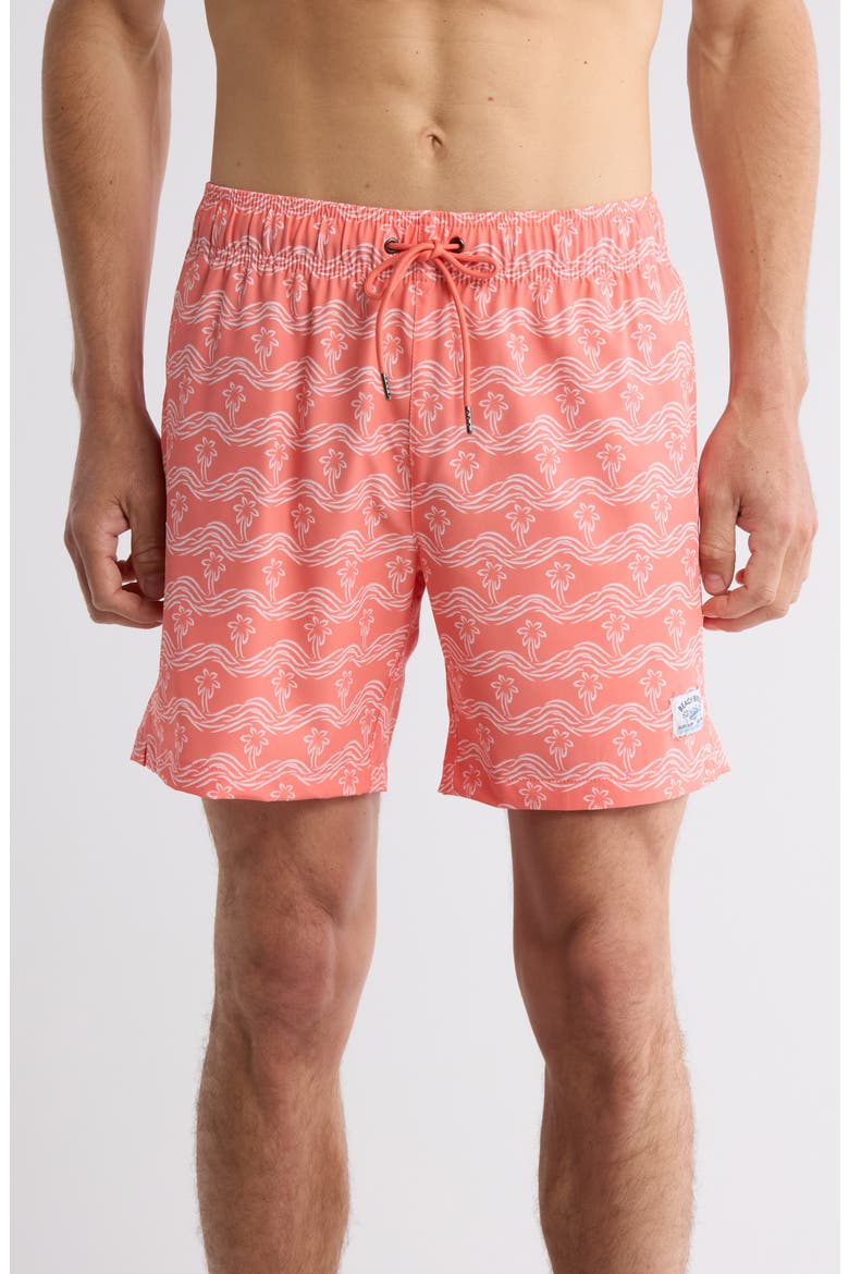 Brush Palm Waves Swim Trunks, Main, color, CORAL