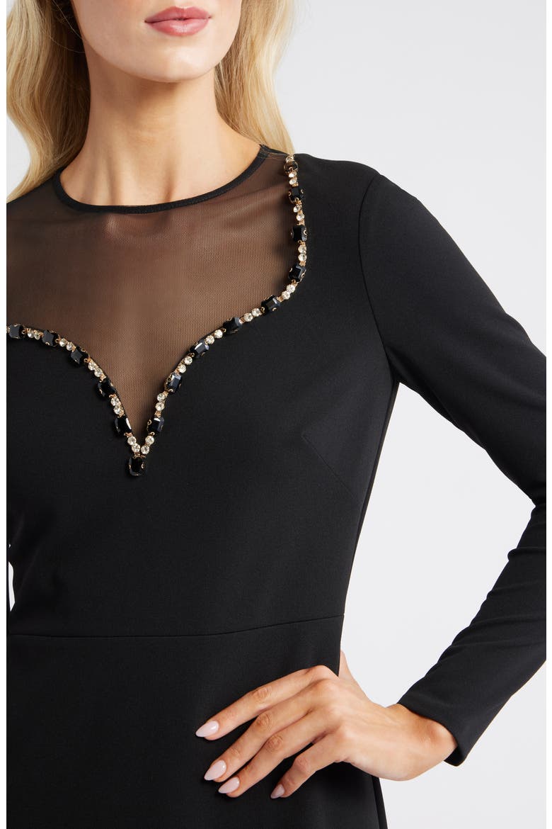Long Sleeve Beaded Crepe Midi Dress, Alternate, color, BLACK